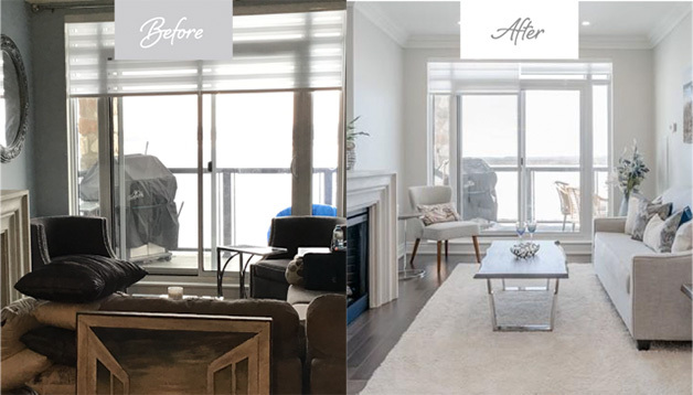 Four women performing staging duties in a well-appointed main bedroom.